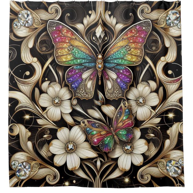 Modern Art Nouveau Rainbow Butterfly Duschvorhang (Vorderseite)