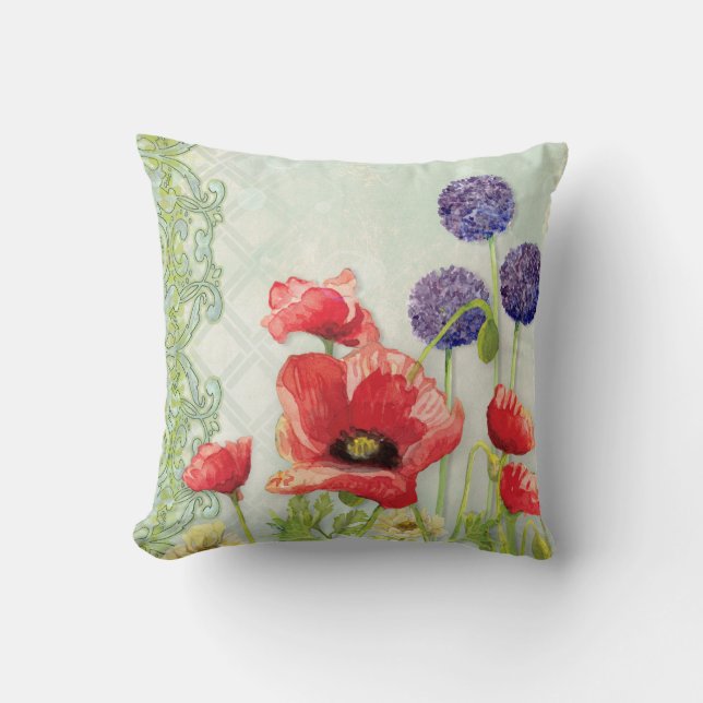 Modern Art Nouveau Red Poppy Lila Geometrie Art Kissen (Vorderseite)