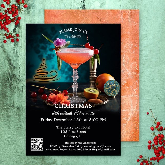 Modern Art Original Cocktail Weihnachten Einladung (A modern art Christmas holiday invitation showing a still life with a festive cocktail. With QR code)