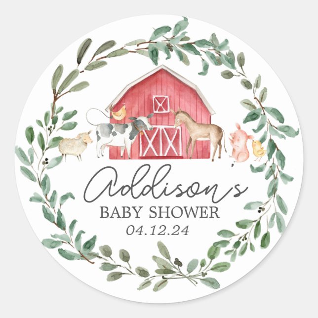 Modern auf der Farm Baby Shower Einladung Runder Aufkleber (Vorderseite)