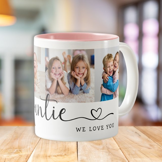 Modern Auntie We Love You 4 Photo Collage  Zweifarbige Tasse (Von Creator hochgeladen)