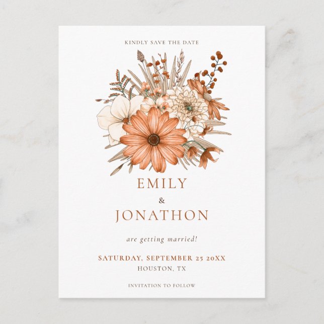 Modern Autumnal Watercolor Florals Save the Date Ankündigungspostkarte (Vorderseite)