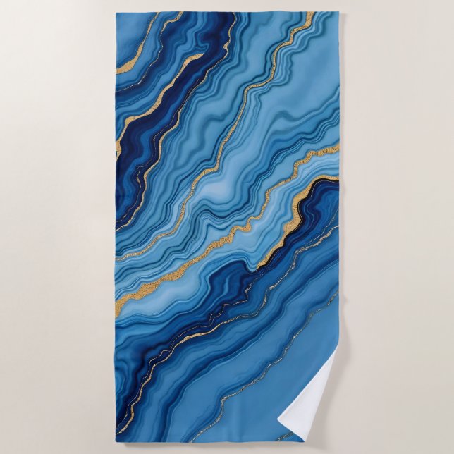 Modern Azure Blue Gold Marble Collection Strandtuch (Vorderseite)