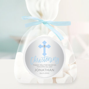 Modern Baby Blue Cross Christening Boy Vielen Dank Runder Aufkleber