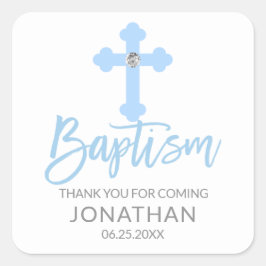 Modern Baby Blue Cross Taufe Junge Vielen Dank Quadratischer Aufkleber
