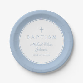 Modern Baby Blue Religious Cross Baptism Pappteller