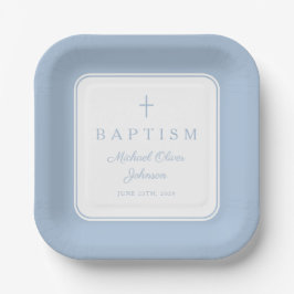 Modern Baby Blue Religius Cross Boy Baptism Pappteller