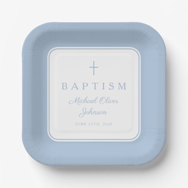 Modern Baby Blue Religius Cross Boy Baptism Pappteller (Vorderseite)