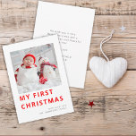 Modern Baby First Christmas Foto Feiertagskarte<br><div class="desc">Modernes Baby First Christmas Foto. Mein erstes Weihnachten in einer modernen mutigen Typografie in rot. Ersetzen Sie einfach das Beispielbild durch Ihren Favoriten im quadratischen Format und personalisieren Sie es mit Ihrem Gruß und Namen unten und der Nachricht auf der Rückseite.</div>