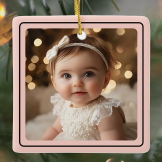 Modern Baby Girl Foto Weihnachten Pink Script Name Keramikornament