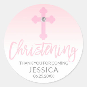 Modern Baby Pink Cross Christening Girl Vielen Dan Runder Aufkleber
