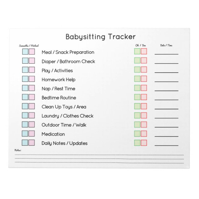 Modern Babysitting Tracker Task Planner Notizblock (Vorderseite)