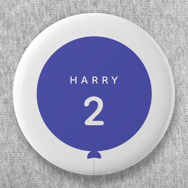 Modern Balloon | Blue Birthday Party Name Age Boy Button (Von Creator hochgeladen)