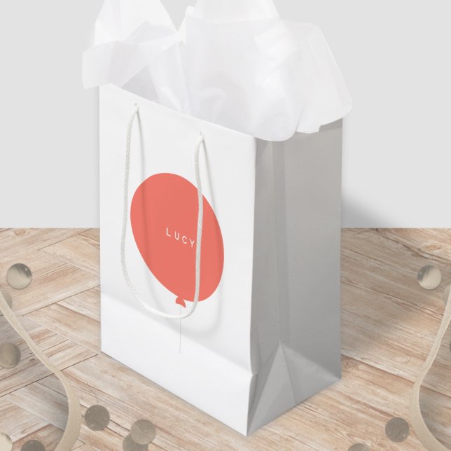 Modern Balloon | Coral Pink Niedlich Girly Name Mittlere Geschenktüte (Von Creator hochgeladen)
