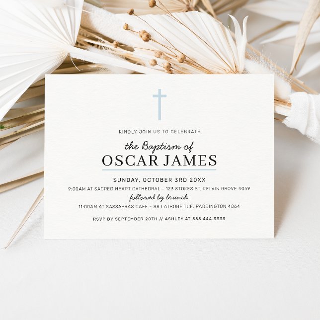 MODERN BAPTISM minimaler Kreuz einfacher, blass bl Einladung (Von Creator hochgeladen)