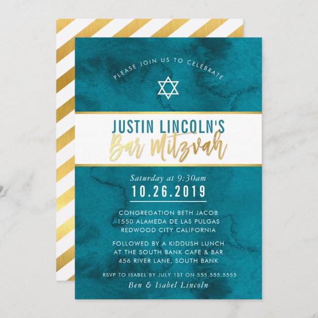 MODERN BAR MITZVAH aquamarin-blaues Aquarellgold Einladung (Vorne/Hinten)