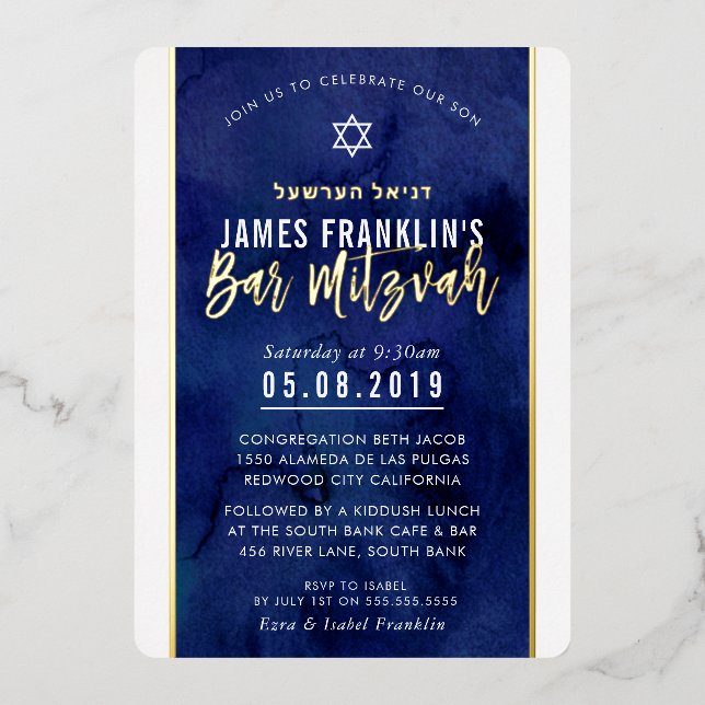MODERN BAR MITZVAH blue watercolor gold writing Folieneinladung (Vorderseite)