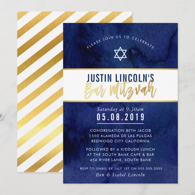 MODERN BAR MITZVAH dunkelblaues Aquarellgold Einladung (Vorne/Hinten)