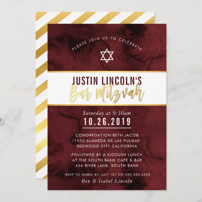 MODERN BAR MITZVAH-Maroon Rotes Aquarellgold Einladung (Vorne/Hinten)