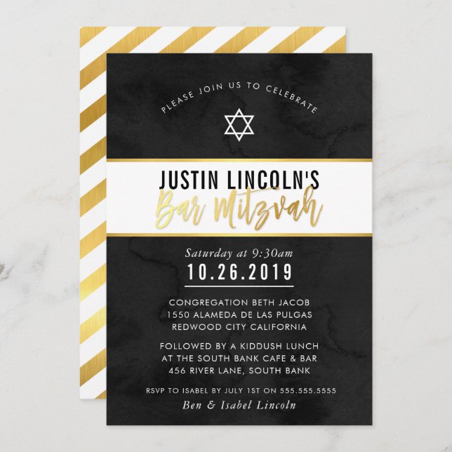 MODERN BAR MITZVAH Schwarzes Aquarellgoldskript Einladung (Vorne/Hinten)
