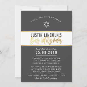 MODERN BAR MITZVAH stylisch dunkelgraue Goldschrif Einladung