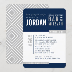 MODERN BAR MITZVAH trendige, fette Blocknavy grau Einladung