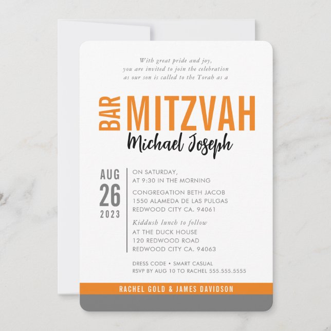 MODERN BAR MITZVAH trendy date orange grau Einladung (Vorderseite)