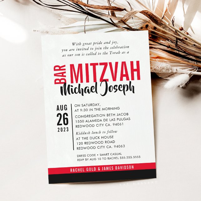 MODERN BAR MITZVAH trendy date red black Einladung (Von Creator hochgeladen)