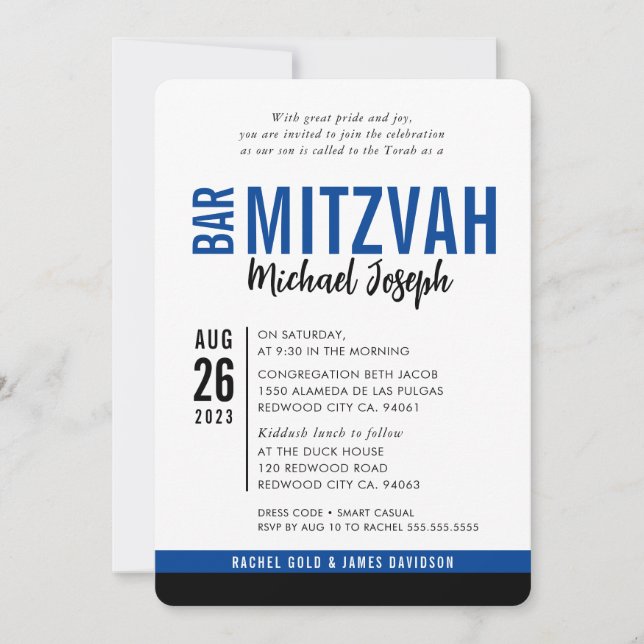 MODERN BAR MITZVAH trendy date royal blue black Einladung (Vorderseite)