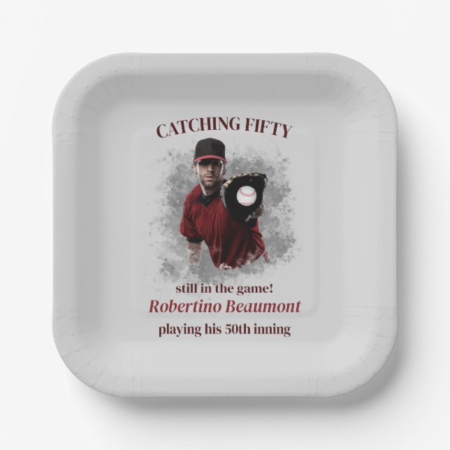 Modern Baseball Catching Fifty Men's 50th Birthday Pappteller (Vorderseite)