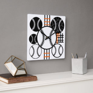 Modern Baseball Schwarz Weiß Orange Farbpattern Quadratische Wanduhr