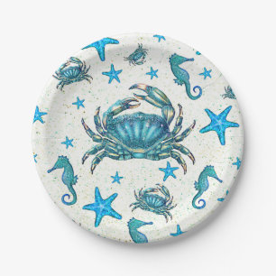 Modern Beach Blue Crab Starfish Seahorty Pappteller