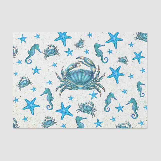 Modern Beach Blue Crab Starfish Seahorty Seidenpapier (Vorderseite)