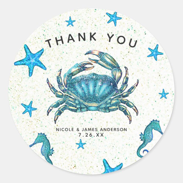 Modern Beach Blue Crab Starfish Seepferd Gefallen Runder Aufkleber (Vorderseite)