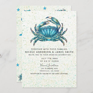 Modern Beach Blue Crab Starfish Seepferd Hochzeit Einladung
