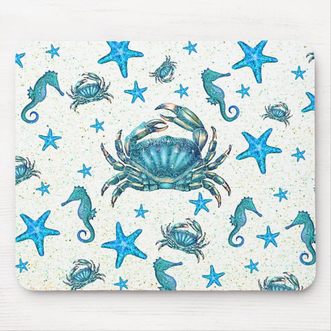 Modern Beach Blue Crab Starfish Seepferd Sparkle Mousepad (Vorne)