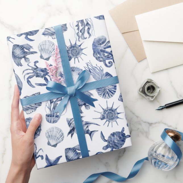 Modern Beach Coastal Watercolor Wedding Blue Geschenkpapier (Schenken)