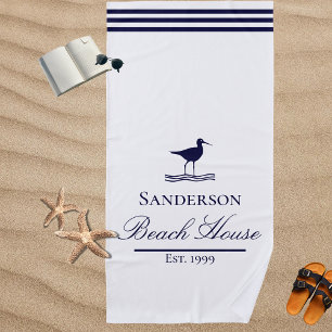 Modern Beach House White Navy Blue Sandpips Strandtuch