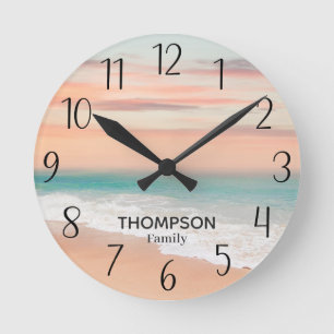 Modern Beach Ocean Blue Orange Sky Runde Wanduhr