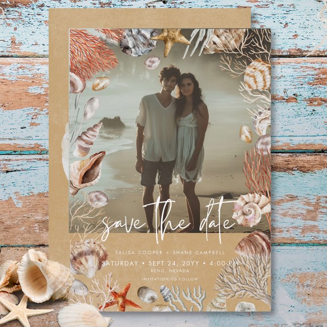 Modern Beach Seashell Frame Foto Sand Wedding Save The Date (Von Creator hochgeladen)
