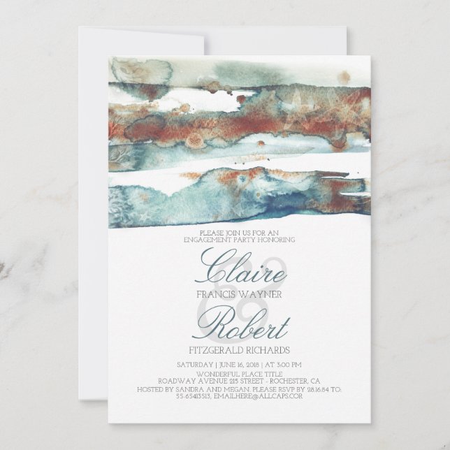Modern Beach Watercolor Splash Engagement Party Einladung (Vorderseite)