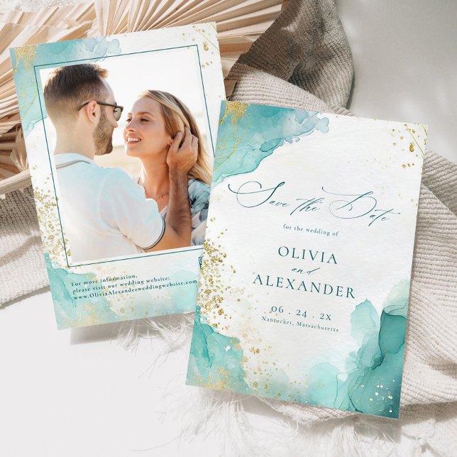 Modern Beach Wedding Teal Gold Abstract Photo Save The Date (Von Creator hochgeladen)