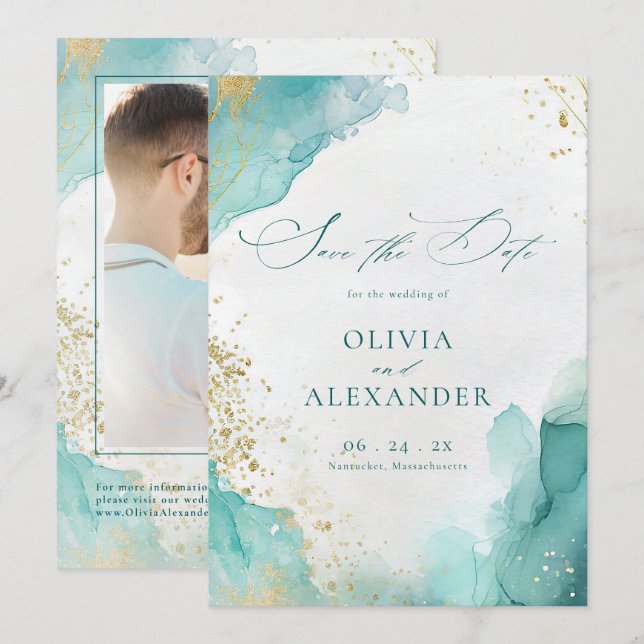 Modern Beach Wedding Teal Gold Abstract Photo Save The Date (Vorne/Hinten)