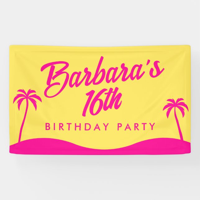 Modern Beach Yellow Pink Script 16. Geburtstag Banner (Horizontal)