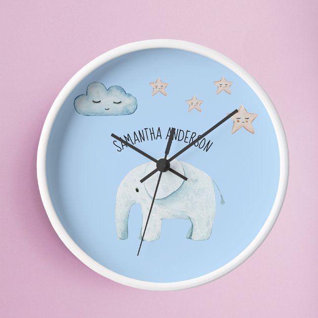 Modern Beauty Pastel Blauer Elefant & Stars Kind Runde Wanduhr (Von Creator hochgeladen)