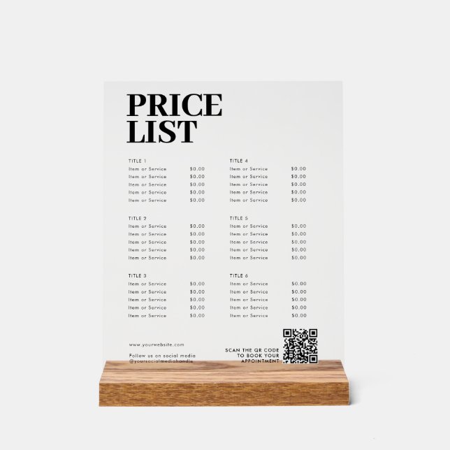 Modern Beauty Price List Menü Kleine Unternehmen Acrylschild (Vorderseite)
