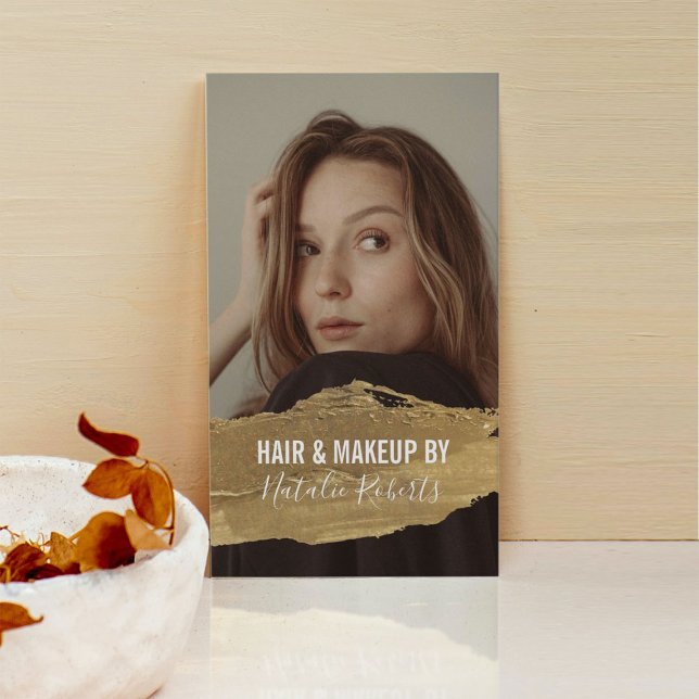 Modern Beauty Salon Gold Lipstick Foto Visitenkarte (Von Creator hochgeladen)