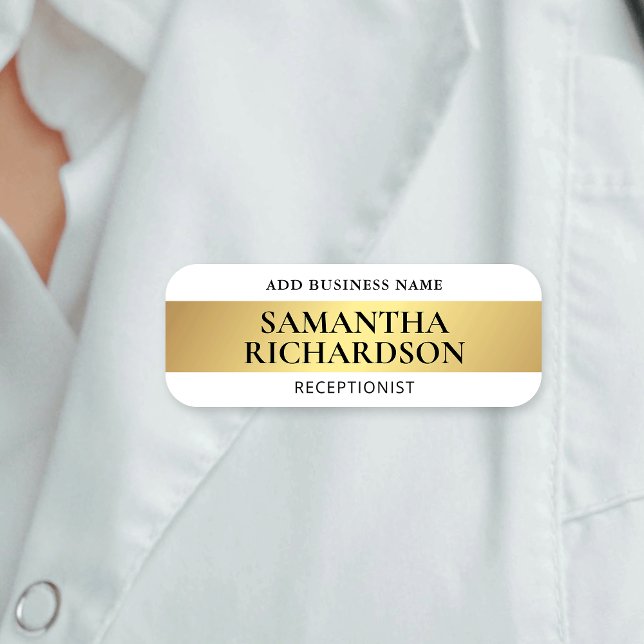 Modern Beauty Shop Salon White & Gold Mitarbeiter Namensschild (Modern white and gold effect employee name tags for business with custom text)