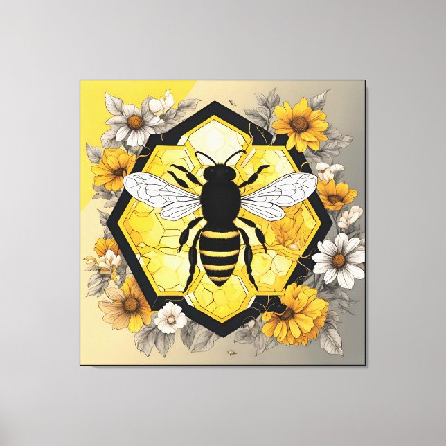 Modern Bee on Honeycombe in Yellow and Black Leinwanddruck (Vorderseite)