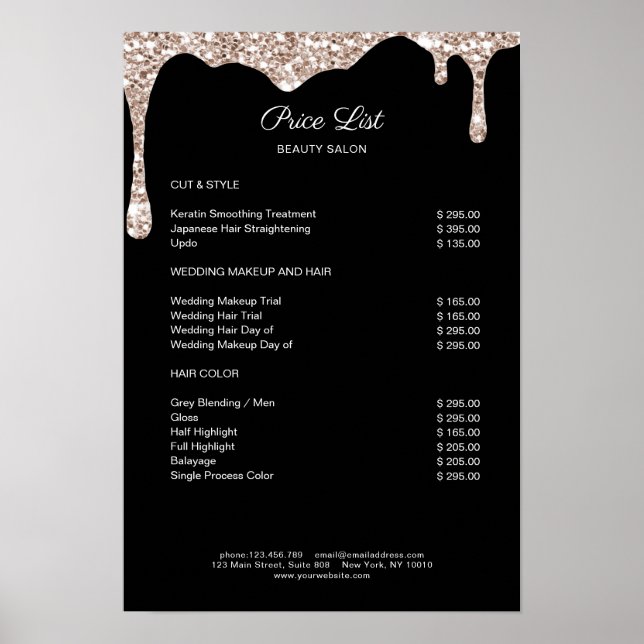 Modern Beige Black Glitter Preislisten Poster (Vorne)